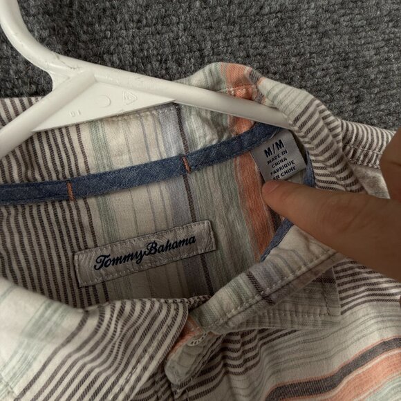 Tommy Bahama Striped Medium Gray Blue Orange Colorful Button Up Tencel Cotton - Picture 9 of 16